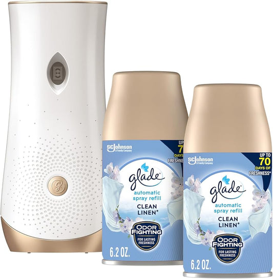 Glade Automatic Spray Refill and Holder Kit, Air Freshener for Home and Bathroom, Clean Linen, 6.2 Oz, 2 Count