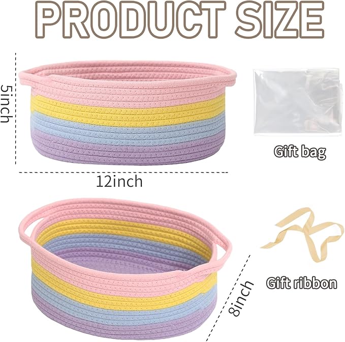 JMvicyroam Woven Basket,Small Rope Storage Bin with Handles & Ribbon Bag, Organizer for Shelves Closets,Gift Basket Empty for Birthday,Books,Dog Toys, Rainbow