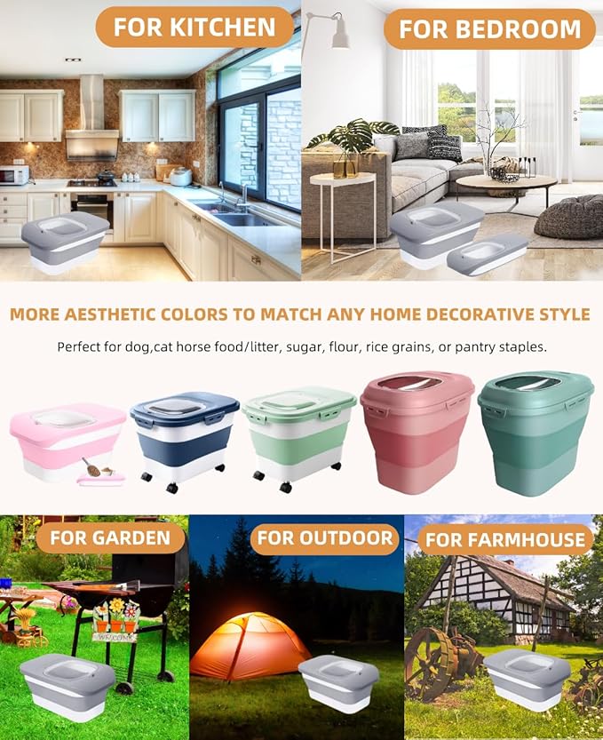 DDMOMMY 10-13 Lbs Dog Food Stroage Container, Collapsible Dog Food Containers with Airtight Lid, Pet Food Scoop and Silicone Dog Bowl, Pet Food Storage Container Dry Food for Dog, Cat and Other Pets