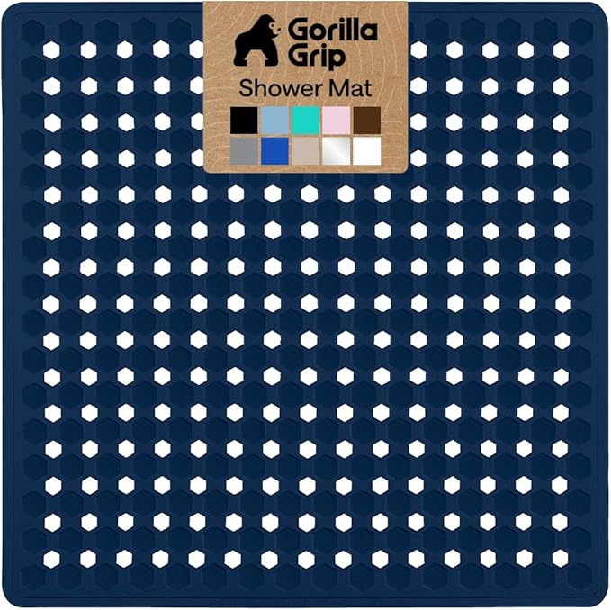 GORILLA GRIP Patented Square Shower Stall Mat, Small Bathtub Floor Mats for Stand Up Showers, Suction Cups and Drainage Holes, Machine Wash, Soft on Feet, Bathroom Accessories 21x21 Inch, Navy Opaque