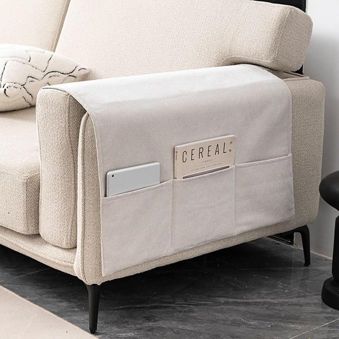 Aelvarion Recliner Chenier Armrest Covers for Living Room Anti-Slip Sofa Arm Protector for Dogs, Cats, Pets Armchair Slipcover for Couch with 3 Pockets for TV Remote Control, Phone, Set of 2 (Beige)