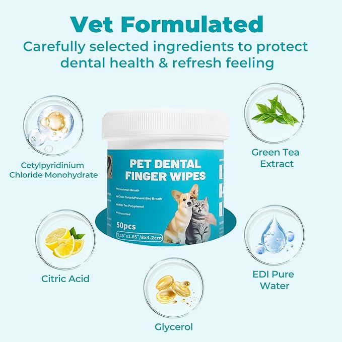 Falatong Pet Teeth Cleaning Finger Wipes for Cats and Dogs, Unscented Tartar Control with Tea Polyphenol, Fresh Breath, 50 Count