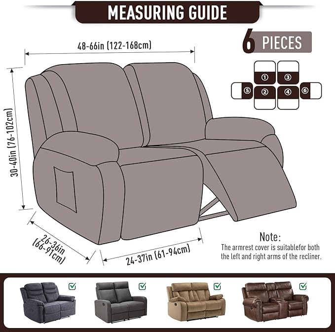 TAOCOCO Recliner Loveseat Slipcover, 6 Pieces Dual Recliner Sofa Covers for 2 Seat Dual Reclining Loveseat Couch, Stretch Soft Jacquard Pattern Furniture Protector with Elasticity (Dark Coffee)