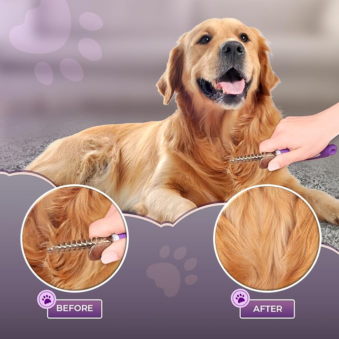 GENPEPADO Dematting Undercoat Rake Comb for Dogs & Cats with Long 2.5-In Stainless Steel Safety Blades for Removing Knots, Mats & Tangles - Pet Grooming Deshedding Brush Tool with Anti-Slip Grip