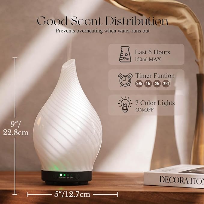 Porseme 150ml Essential Oil Diffuser Glass Color Changing Aroma Air Diffusers Aromatherapy Ultrasonic Cool Mist Humidifier 6 Running Hours Waterless Auto-Off for Sleeping Yoga Office Spa (Pure White)