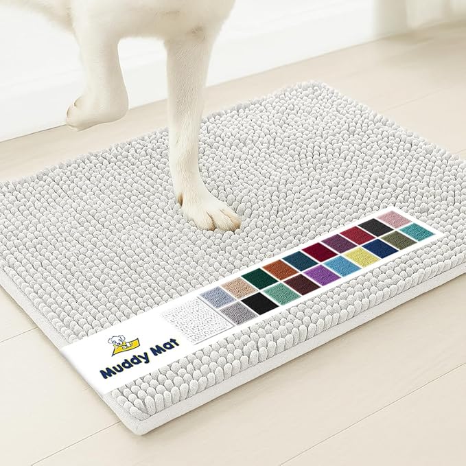 Muddy Mat® Shown on TV – Super Absorbent Microfiber Dog Door Mat for Muddy Paws, Non-Slip Washable Pet Rug, Quick Dry Chenille Entryway Carpet, Machine Washable Indoor Outdoor mat, White 28"x18"