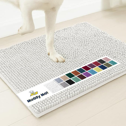 Muddy Mat® Shown on TV – Super Absorbent Microfiber Dog Door Mat for Muddy Paws, Non-Slip Washable Pet Rug, Quick Dry Chenille Entryway Carpet, Machine Washable Indoor Outdoor mat, White 35"x24"