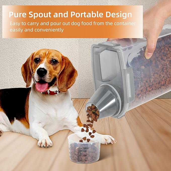 LEAWALK 3-5Lbs/3Qt Dog Cat Food Storage Container With foldable bowl. Plastic Pet Food Dispenser for Small Animal Kibble/Pet Food/Bird Seed/Oatmeal/Rice/Flour/Brown Sugart/Cereals (Clear Grey)