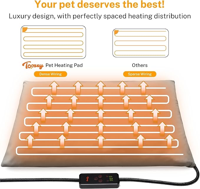Toozey Medium Pet Heating Pad, 28x20 in, 6 Temp Settings, Timer, Waterproof, Chew-Resistant Cord, for Dogs and Cats