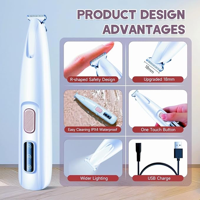 Micro Precision Dog Paw Trimmer, Pet Paw Trimmer with LED Light, Electric Pet Clippers Rechargeable, Grooming Shaver for Dogs Cats Rabbits Eyes Face Ears Feet Rump Hair, Paw Cleaner Waterproof (White)