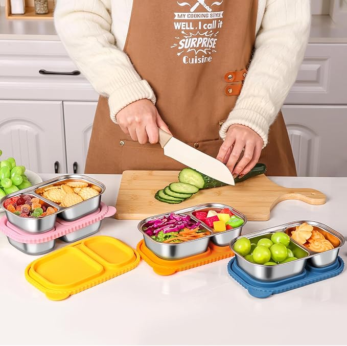 4 Pack Stainless Steel Snack Containers with Silicone Lids, Reusable Stainless Steel Food Containers Snack Box, 2 Compartment Meal Prep Containers for Lunch, Leakproof, Dishwasher Safe