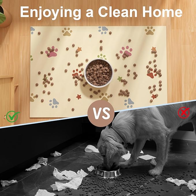 BLESWIN Pet Feeding Mat 17"x28", Absorbent Pet Food Mat, Large Mat for Dog Food and Water Bowls, Rubber Dog Mat for Floor Protection, Cat Placemats for Food and Water, Beige
