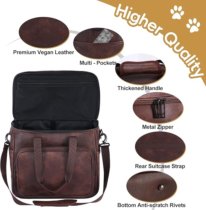 Lasaviin Dog Travel Bag, Leather Travel Pet Bag Set for Dog and Cat, Airline Approved Tote Organizer with Multi-Function Pockets, 2 Food Storage Containers, 2 Collapsible Bowls