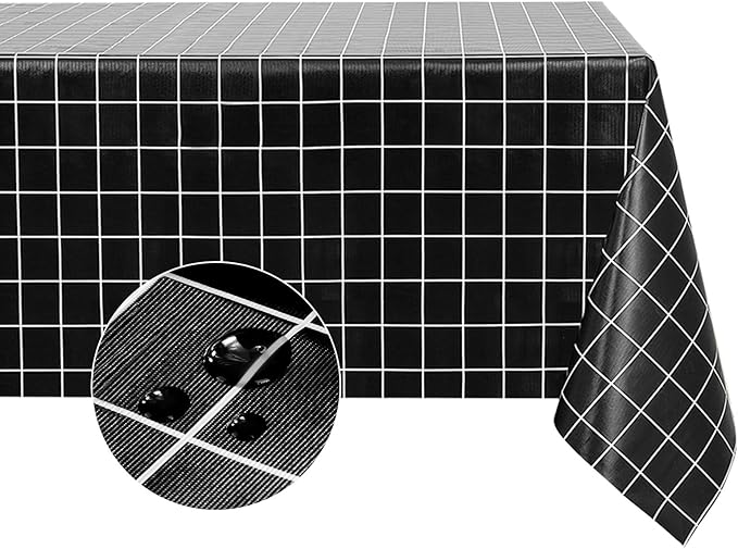 Romanstile Rectangle Vinyl Tablecloth, 100% Waterproof Oil-Proof Checkered Plastic Table Cloth, Heavy Duty Wipeable Table Covers for Dining, Camping, Picnic, Outdoor - 60 x 84 Inch, Black