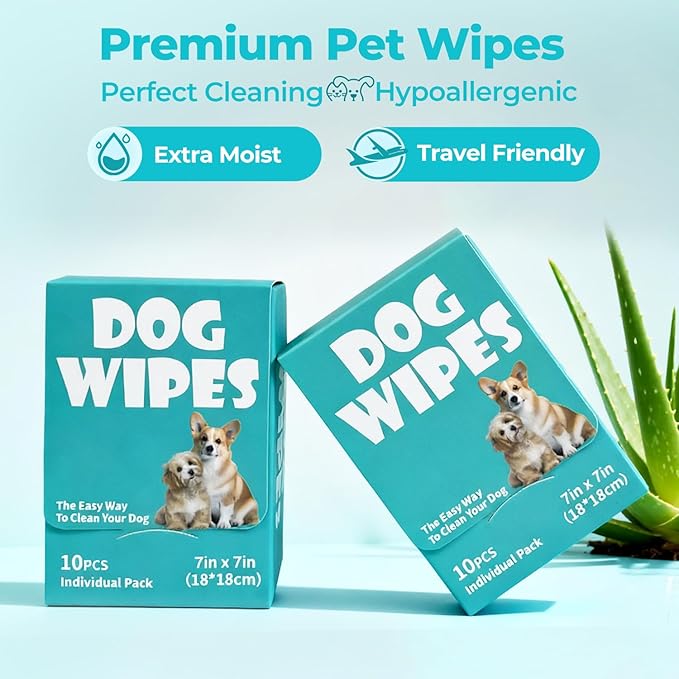 Falatong Dog Wipes, Pet Grooming Cleaning Wipes for Dogs, 7x7 Inch, 40 Count Individual Packs, Hypoallergenic Unscented for Face, Paws, Body