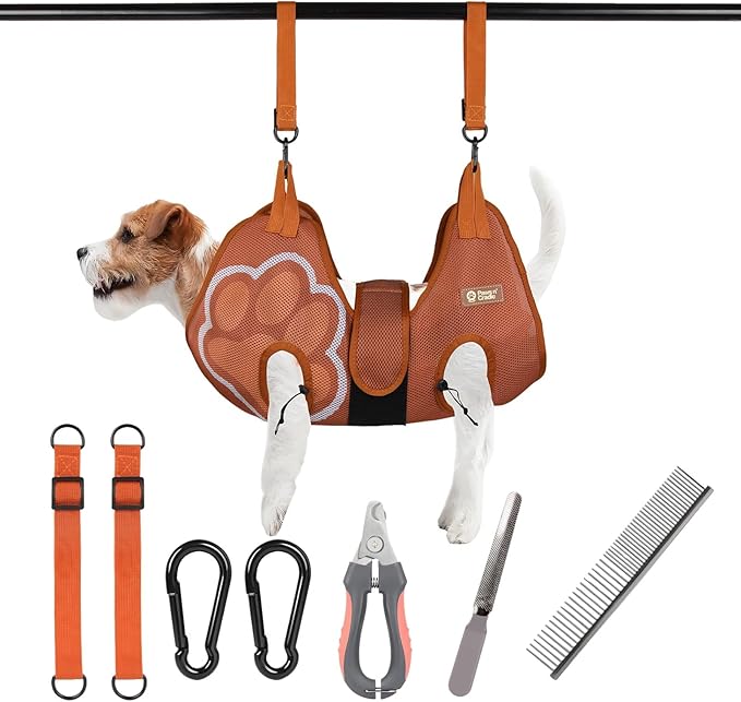 Paws n' Cradle Dog Grooming Hammock Harness for Dogs & Cats - Complete Kit with Adjustable Leg Fittings, Comb, Nail Clipper, File, Hook & Loop Strap, Adjustable Hanging Straps & Snap Hooks (Small)
