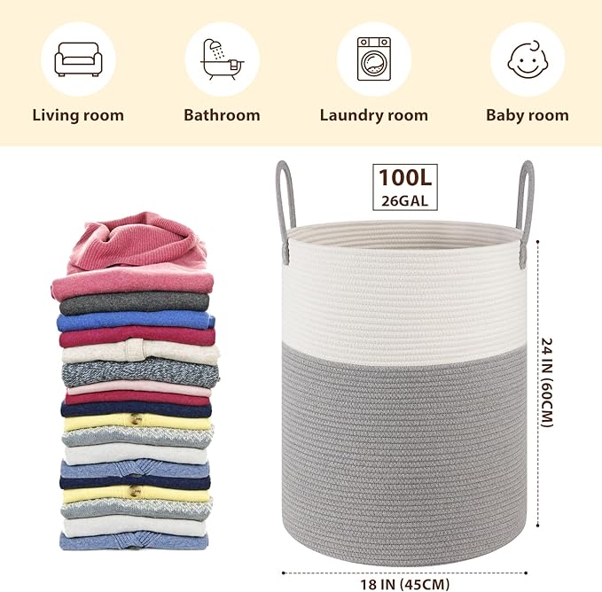 OIAHOMY Large Laundry Basket Hamper - 100L Cotton Rope Woven Basket for Blankets, Toys, Clothes - Tall Decorative Nursery Hamper with Long Handles, Grey/White