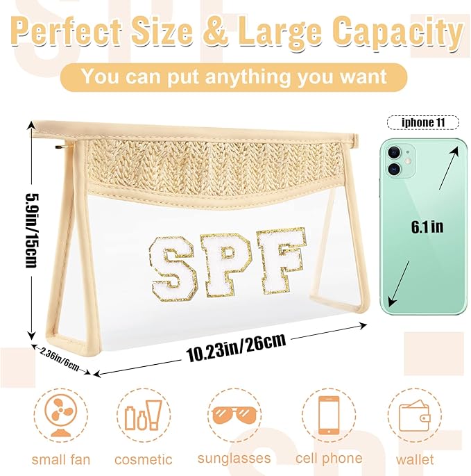 2 Pcs Boho Straw Clear Makeup Letter Pouch, Sunscreen Bags for Travel Beach, Waterproof SPF Best Beach Accessories