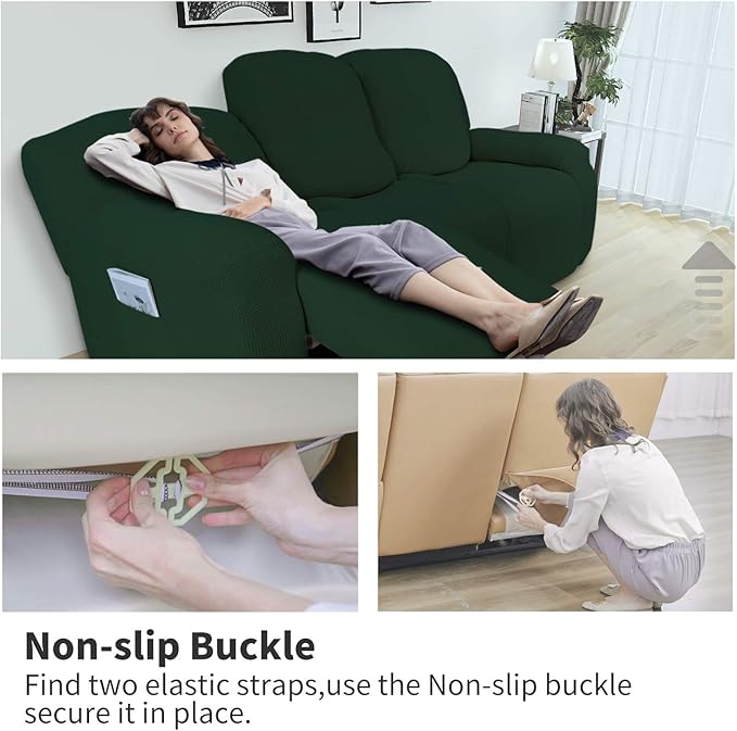 Easy-Going 8 Pieces Recliner Sofa Stretch Sofa Slipcover Sofa Cover Furniture Protector Couch Soft with Elastic Bottom Kids, Spandex Jacquard Fabric Small Checks Dark Green