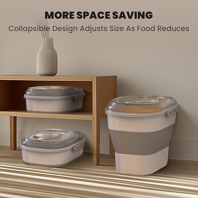 DDMOMMY 32-35 Lbs Dog Food Storage Container,Collapsible Dog Food Container with Transparent Airtight Lid,Wheels,Date Track,Pet Food Storage Container for Rice,Flour,Sugar,Scoop And 2PCS Containers