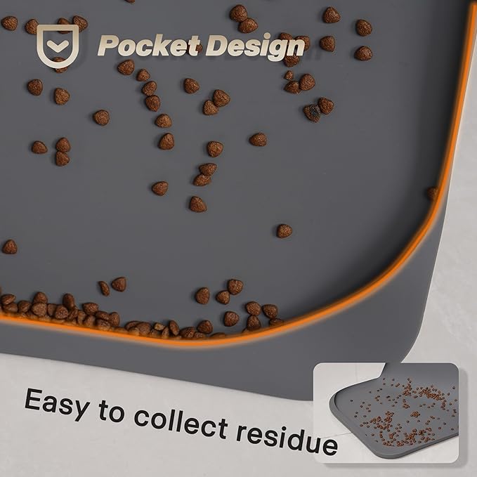 Dog & Cat Mat for Food and Water - Nityers Dog Food Mat for Floors Waterproof with Pocket, High Raised Edges, Thicker BPA Free Silicone, Pet Feeding mat for Bowl, Automatic pet Feeder, Water Fountain