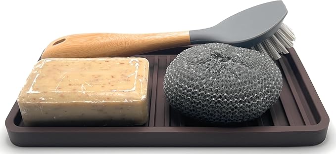 Happitasa Silicone Kitchen Sink Organizer Tray, Sponge Holder and Countertop Protector | Bathroom and Kitchen Soap Dish and Dispenser Tray (Dark Chocolate, 10"x5.25")