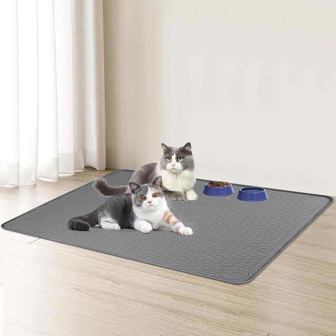 Bartuke Cat Food Mat, 40" x 28" Extra Large Silicone Pet Feeding Mat with Raised Edge Pet Placemat for Food and Water Bowl Non-Slip, Easy to Clean, Floor Protection (Dark Grey)
