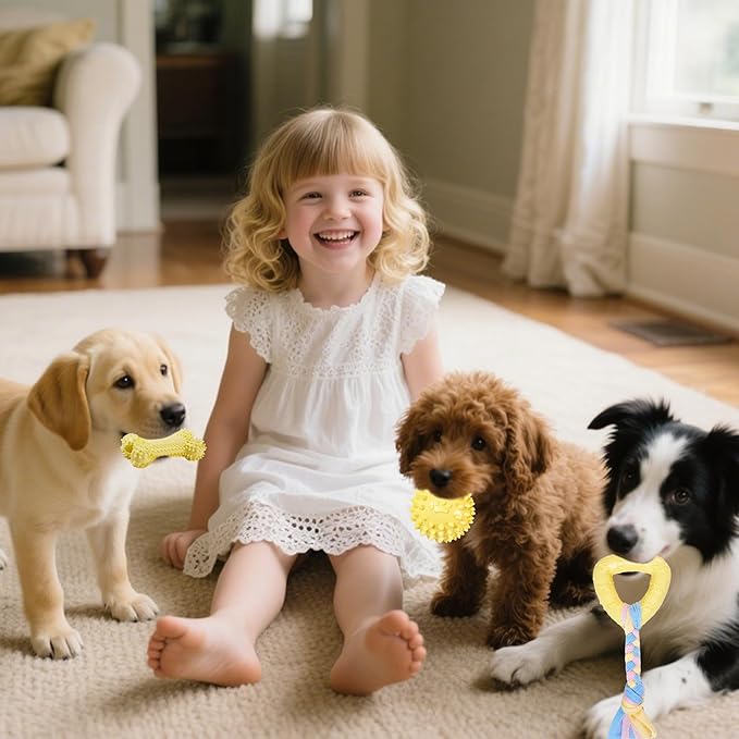 Puppy Toys, Puppy Teething Toys, 9 Pack Soft Durable Rubber Interactive Pink Puppy Chew Toys for Teething to Soothe Gums and Keep Busy, Cute Puppy Essentials (Yellow)