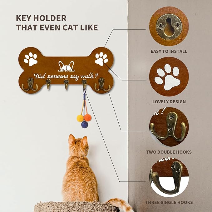 Bone Shape Dog Leash Hangers for Wall - Coat Rack with 5 Key Hooks, Perfect for Dog Lovers, Ideal for Entryway, Door and Bedroom Decor. 11.8'' x 5.9''(Brown)