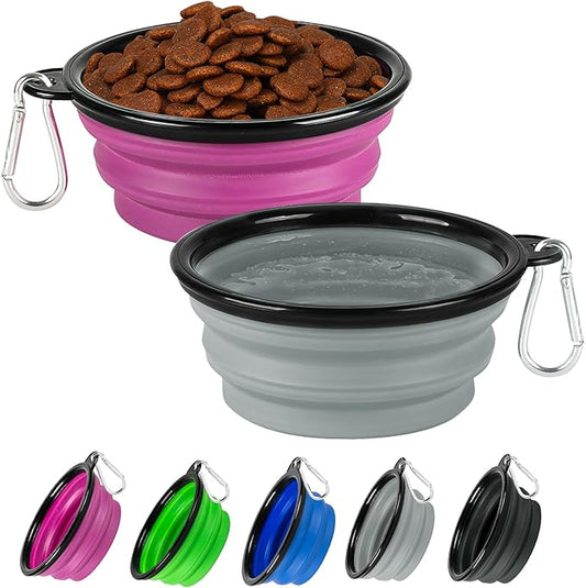 Collapsible Dog Bowl 2 Pack, Dog Water Bowls for Travels, Portable Foldable Pet Bowls Feeding Watering Dish for Parking Walking Camping with 2 Carabiners Clip (12oz, Small, Grey+Purple)