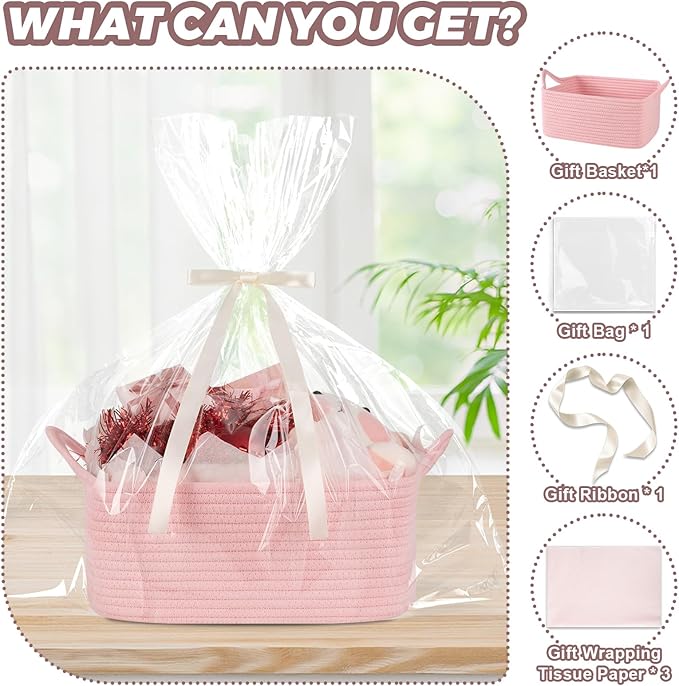 OIASKET Basket for Gifts Empty, Woven Storage Basket with Gift Bag, Ribbon and Wrap Tissue Paper, Small Rope Toy Storage with Handles for Baby Shower, Dog Toy Organizer, 13.6" x 10" x 5.9”, Pink