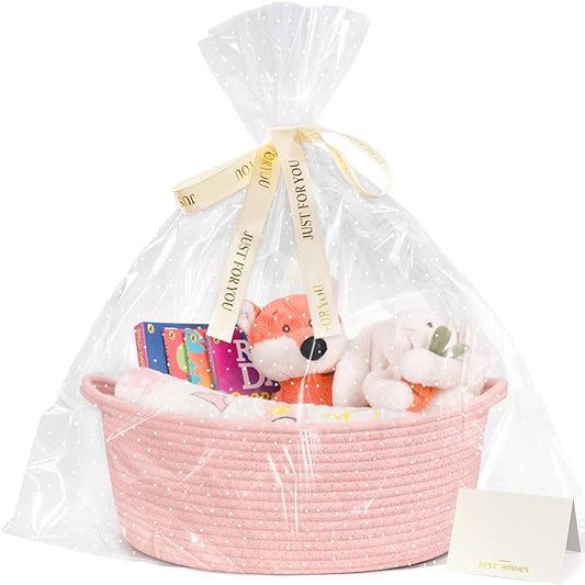 CHICVITA Valentines Day Basket with Gift Bags & Ribbon Baskets for Gifts Empty, Rope Baskets for Organizing, Home Decoration for Kids, 12"x 8"x 5", Pink