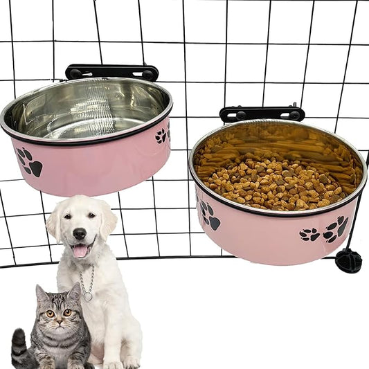 Dog Crate Food and Water Bowl 2Pcs Small Pet Hanging Kennel Removable Dish Feeding Cup with Holder for Medium Large Size Puppy Cat (Pink, 6.3''X2.5''&7.1‘’X2.7'')