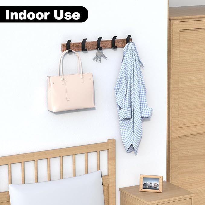 IURRDOP 17 Inch Black Walnut Wood Wall Mounted Coat Rack with 4 Black L Hooks, Adhesive Mounted Entryway Hooks, Modern Natural Wooden Pegs for Hanging Coat Clothes Hat Bag Purse Key and Towel