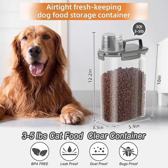 LEAWALK 3-5Lbs Airtight Small Cat Dog Pet Food Storage Containers BPA Free, with Large Pour Spout/1 Measuring Cup/4 Safety Locks and Double-layer Silicone Strip (Olive Gray 2Pack