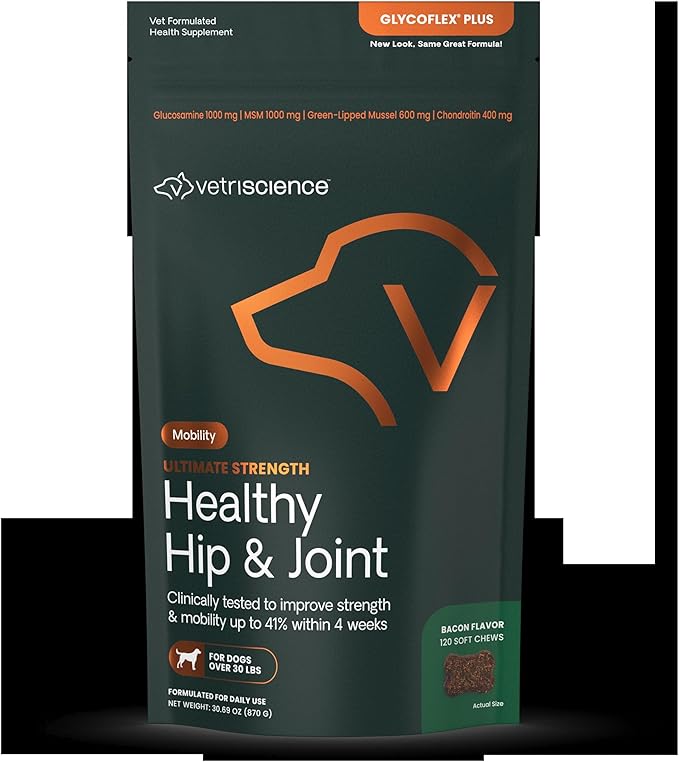 VetriScience GlycoFlex Ultimate Strength Healthy Hip & Joint Glucosamine Supplements for Dogs, with MSM, Chondroitin & Green-Lipped Mussel, Soft Chews, Bacon, 120 Count - New Look