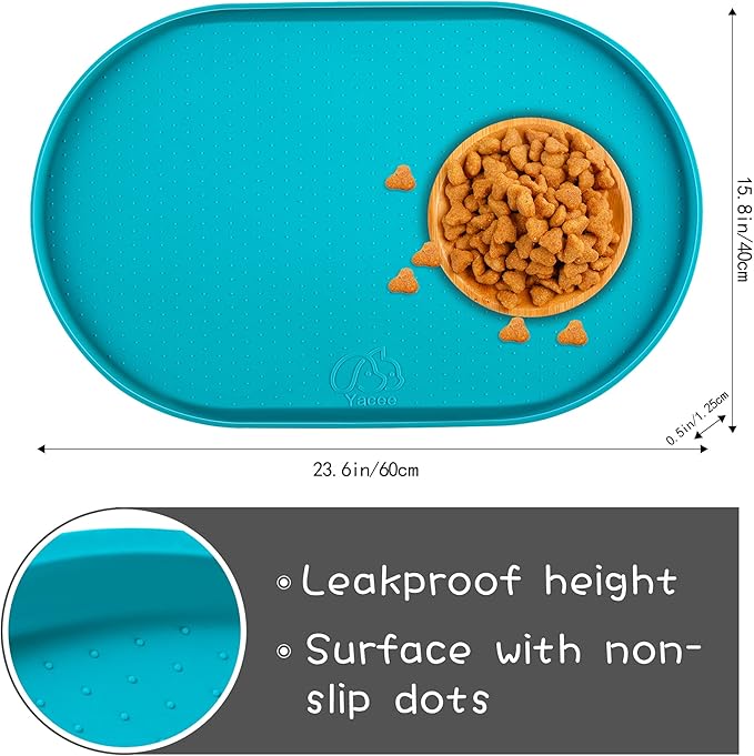 100% Waterproof 0.5" Raised Edge BPA Free Silicone Dog Food Mat, Pet Cat Feeding Mats Contain Spills Protects Floors, Placemats for Cats and Dogs Water Bowl Dishwasher. (Large/XL, Teal)