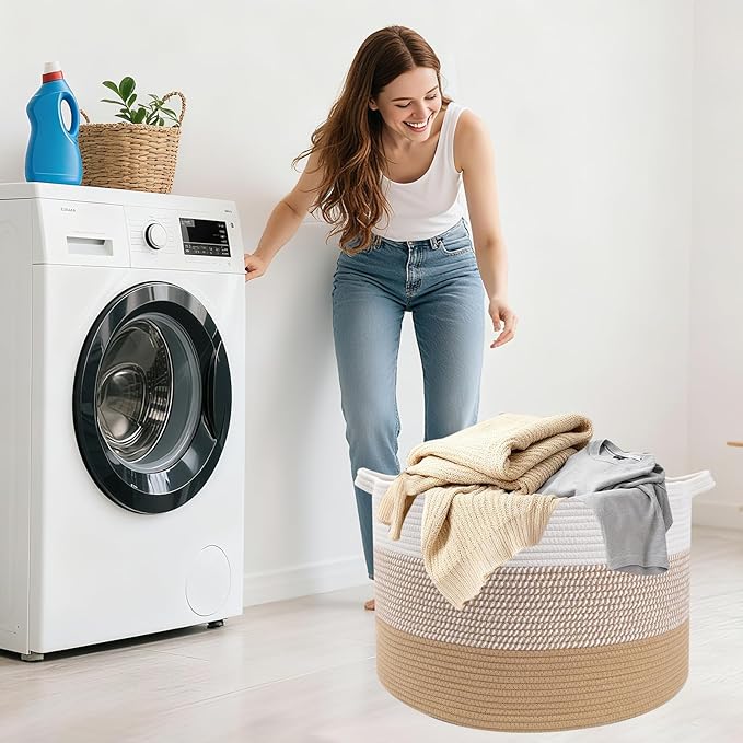 65L Large Blanket Basket,19.7" L x 19.7" W x 13" H Rope Woven Baskets with Handles, Toys Storage Bins,Laundry Basket Perfect for Living Room, Nursery,Bedroom,Home Organization,Yellow