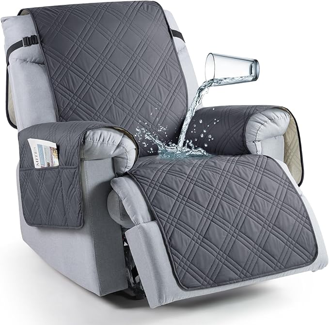 TAOCOCO 100% Waterproof Recliner Chair Covers, Non Slip Recliner Covers for Recliner Chair with Pocket, Washable Reclining Chair Cover Furniture Protector for Kids,Dogs(25'', Dark Grey)