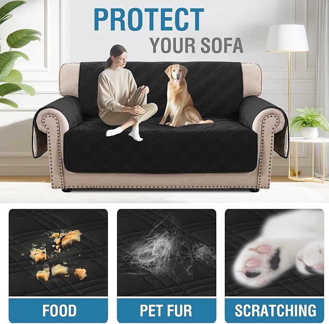 H.VERSAILTEX 100% Waterproof Love Seat Covers Washable Modern Love Seat Covers Thick Soft Couch Cover for Dogs with Elastic Straps (Loveseat, Black/Beige)