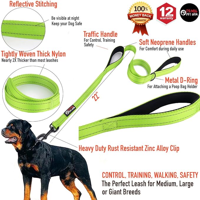 Primal Pet Gear Dog Leash 6ft Long,Traffic Padded Two Handle,Heavy Duty,Reflective Double Handles Lead for Control Safety Training,Leashes for Large Dogs or Medium Dogs,Dual Handles Leads(Green)