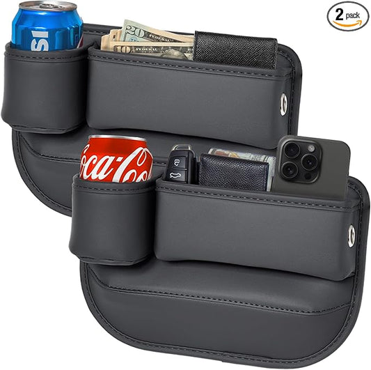 2-Pack Car Seat Gap Filler Organizer with Cup Holder - Premium Leather - Universal Fit - Keeps Cans/Phone/Keys/Wallets Organized(Black)