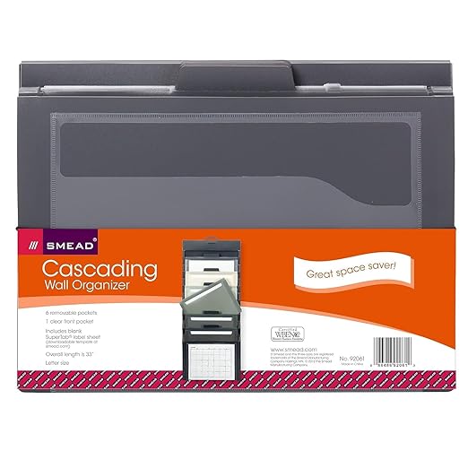 SMEAD Cascading Wall Organizer, 6 Pockets, Letter Size, Gray/Neutral Pockets (92061)
