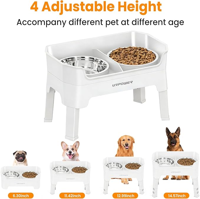 URPOWER 3-in-1 Elevated Dog Bowls - Mess Proof Double Deck 4 Height Adjustable Raised Stand with 2 Stainless Steel Food Bowls & Licking Plate for Small, Medium & Large Dogs