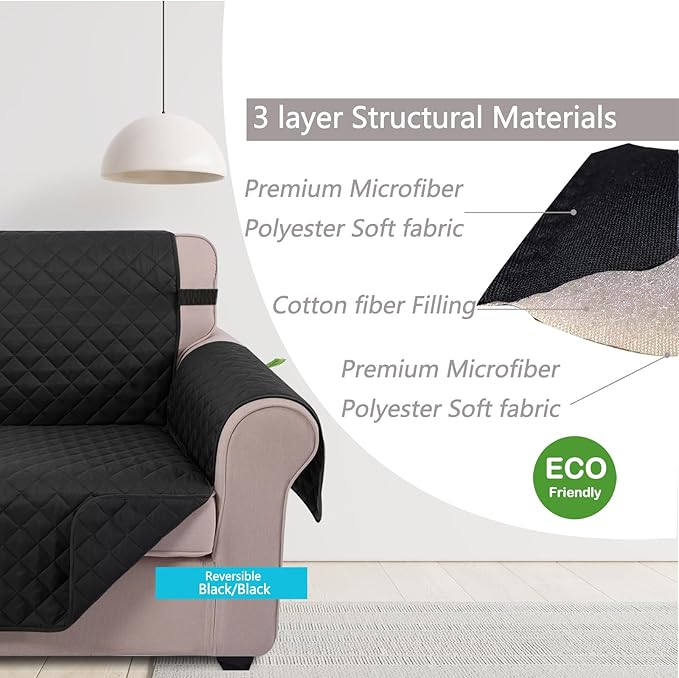 U-NICE HOME Recliner Chair Covers Reversible Chair Cover Pet Covers for Dogs with Elastic Straps Water Resistant Diamond Quilted (23''Armchair, Black/Black)