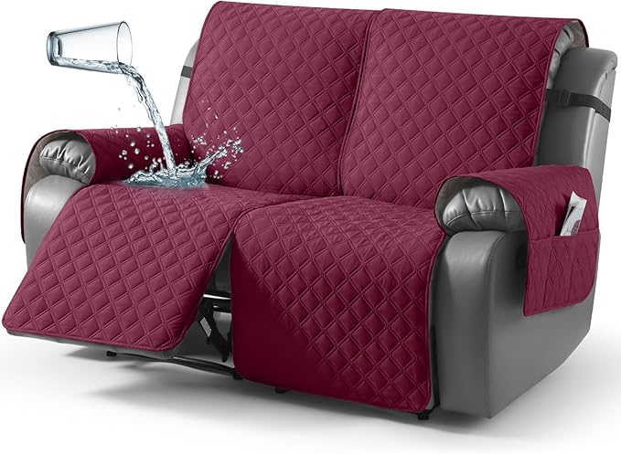 TAOCOCO 100% Waterproof Recliner Couch Covers, Recliner Sofa Covers with Leg Straps, 1-Piece Washable Reclining Sofa Cover with Pocket Couch Protector for Pets Kids(2 Seater, Wine)