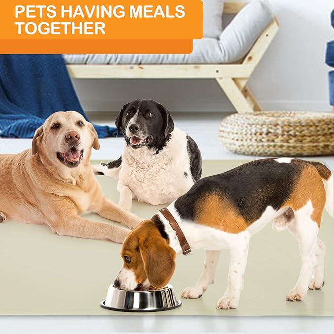 Dog Water Mat 39.4 by 29.5in Extra Large - Silicone Mat for Dog Bowls Waterproof Non Slip - XL Pet Mat for Food and Water Protect Floors - Beige