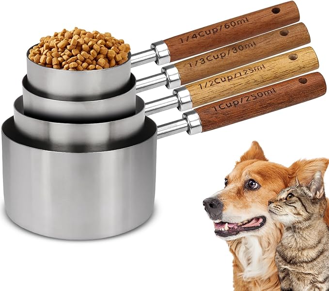 Dexspoeny 4 Packs Dog Food Scoop Measuring Cup with Wooden Handle, Stainless Steel Pet Food Scoop Dog Food Measuring Cup for Dogs Cats Birds and Rabbits, 1 Cup, 1/2 Cup, 1/3 Cup and 1/4 Cup 4 Packs
