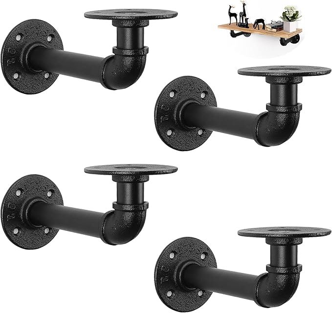 NearMoon Industrial Pipe Iron Shelf Brackets-Wall Mounted DIY Rustic Pipe Metal Brace Brackets, Vintage Farmhouse Décor Hardware Shelving Brackets for Floating Shelves, Black, 4 Pack