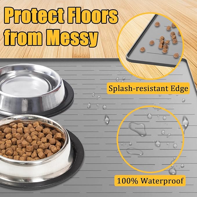 1.5MM Super Thick Dog Food Mat, 48"x32" Silicone Dog and Cat Mats for Food and Water Bowls, Waterproof Pet Feeding Mat for Contain Spills Protects Floors, Multiple Colors & Sizes for Pets, Dark Gray
